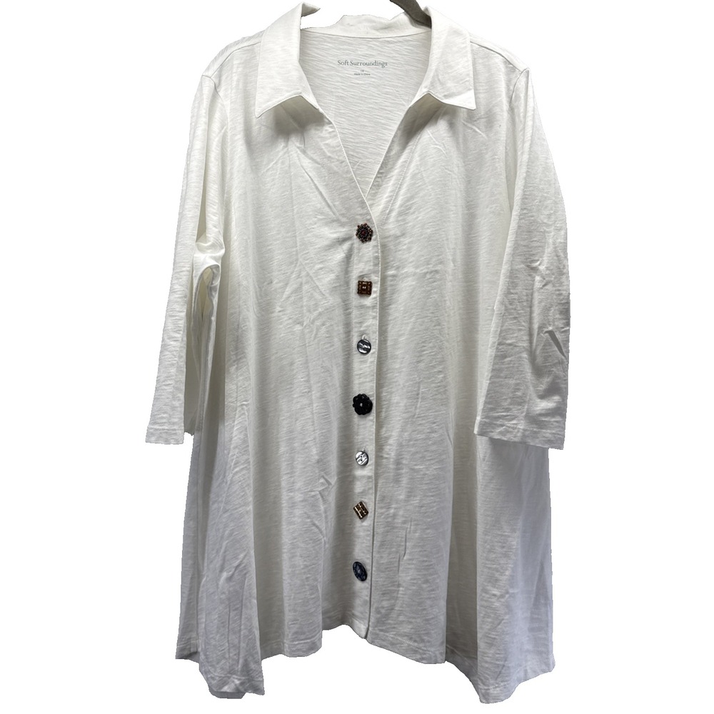 Soft Surroundings Women's Top Size 1X Plus Solid White Artsy Buttons 3/4 Sleeves